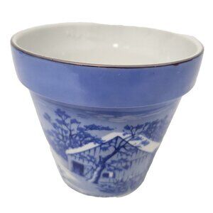 VTG Currier & Ives The Old Homestead In Winter Ceramic Planter Pot Blue White